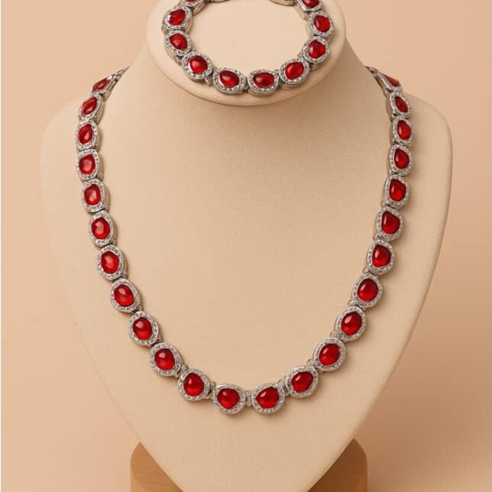 Elegant Red gemstone and Silver Necklace Set